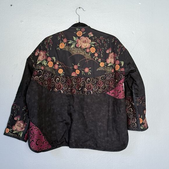 Patchwork Reversible Jacket Large Black Mauve Art to Wear Open Kimono Boho - Picture 4 of 10